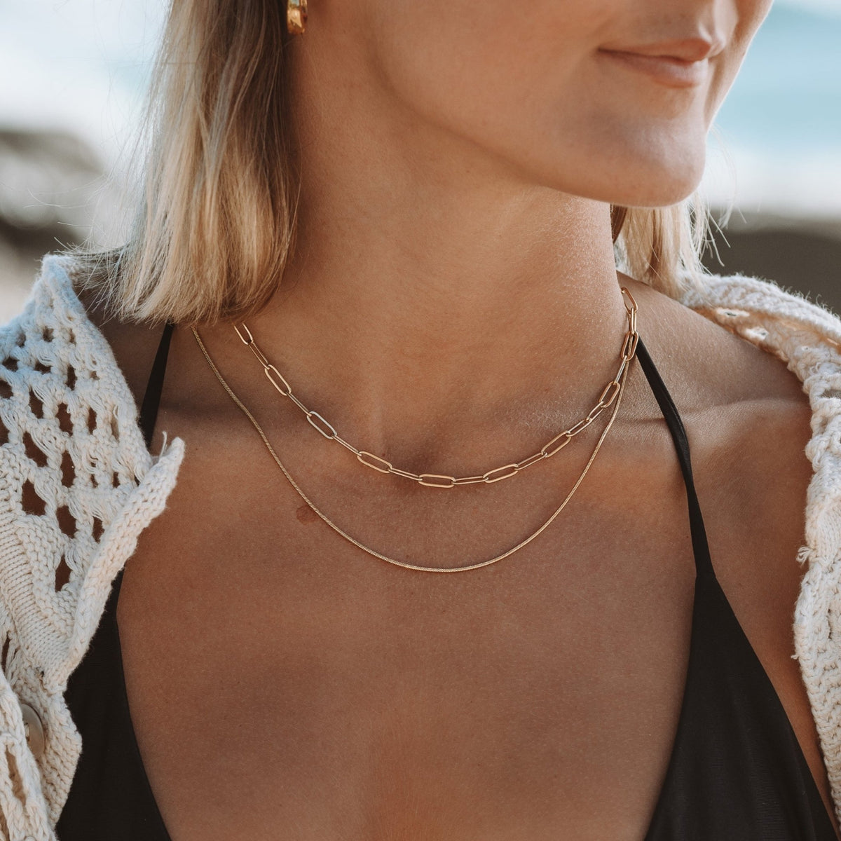 Paperclip Snake Chain Layered Necklace, 18K Gold Stainless Steel, Waterproof - Mari Gavane