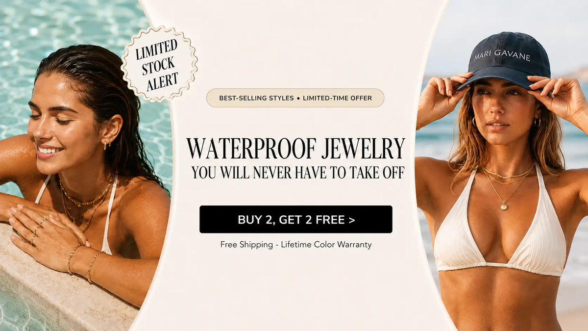 Promotional banner for waterproof jewelry featuring two women by the ocean: one in a white bikini leaning on a pool edge, and another wearing a navy baseball cap and white bikini top adjusting her hat. Large text reads 'WATERPROOF JEWELRY YOU WILL NEVER HAVE TO TAKE OFF' with sale copy and a 'BUY 2, GET 2 GET 3' offer.  by Mari Gavane