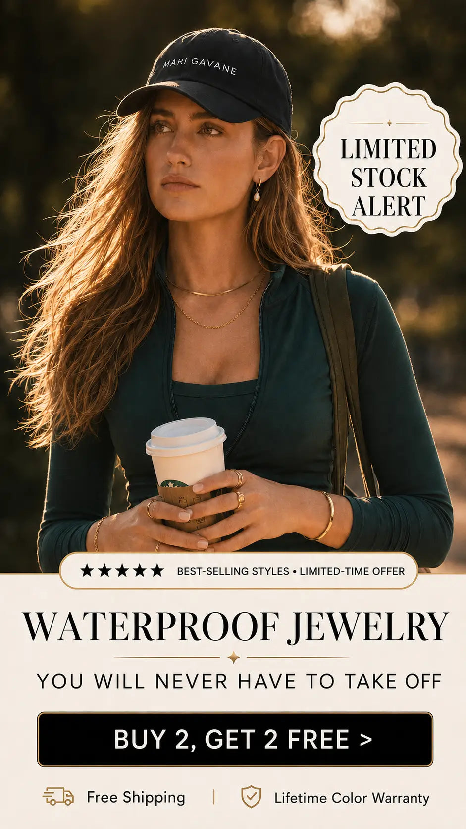 A promotional lifestyle image for waterproof jewelry featuring a woman wearing a black cap with the brand name 'MARI GAVANE' and holding a coffee cup. The image includes text overlays advertising 'LIMITED STOCK ALERT' and 'WATERPROOF JEWELRY' with a 'BUY 2, GET 2 FREE' offer.
