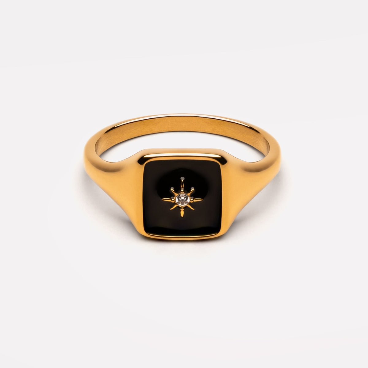 Black Enamel Zircon Ring, 18K Gold Stainless Steel, Waterproof - Mari Gavane