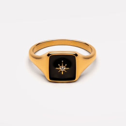 Black Enamel Zircon Ring, 18K Gold Stainless Steel, Waterproof