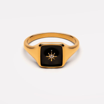 Black Enamel Zircon Ring, 18K Gold Stainless Steel, Waterproof - Mari Gavane