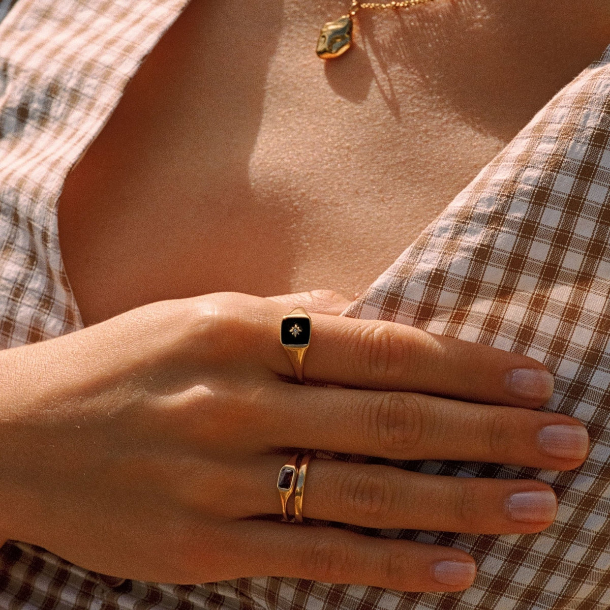 Black Enamel Zircon Ring, 18K Gold Stainless Steel, Waterproof - Mari Gavane