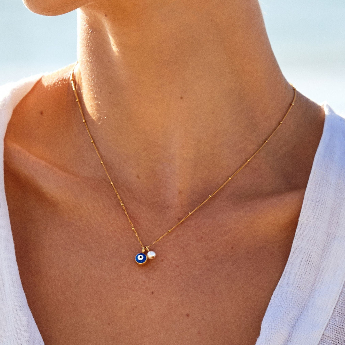 Blue Evil Eye Pendant Necklace, 18K Gold Stainless Steel, Waterproof - Mari Gavane