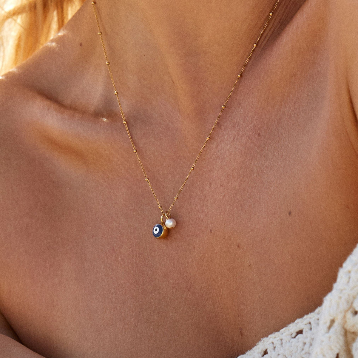 Blue Evil Eye Pendant Necklace, 18K Gold Stainless Steel, Waterproof - Mari Gavane