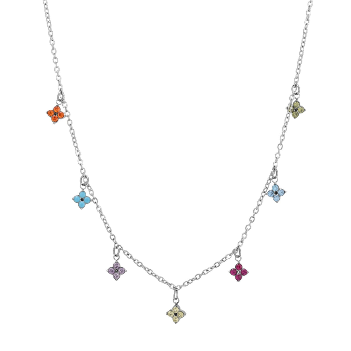 Colar chokers com flores coloridas de zirconia, aço inox dourado 18K, resistente à água, da marca Mari Gavane.
