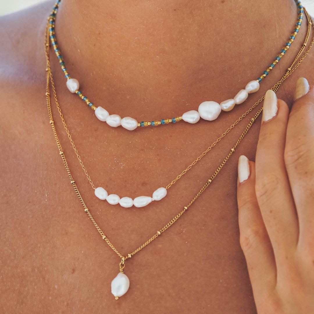 Dainty Freshwater Pearl Beaded Necklace, 18K Gold Stainless Steel, Waterproof - Mari Gavane