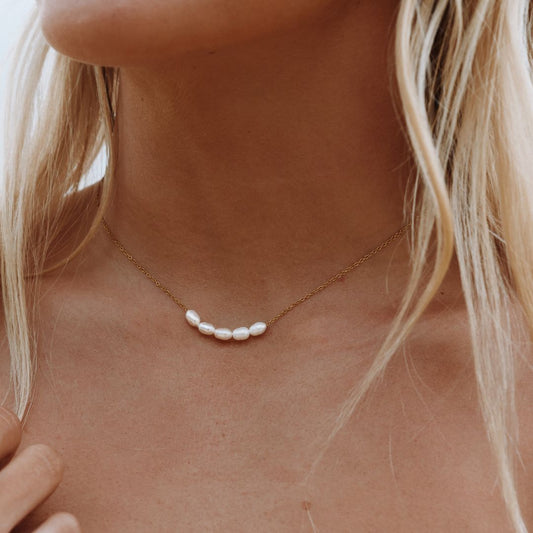 Dainty Freshwater Pearl Beaded Necklace, 18K Gold Stainless Steel, Waterproof - Mari Gavane