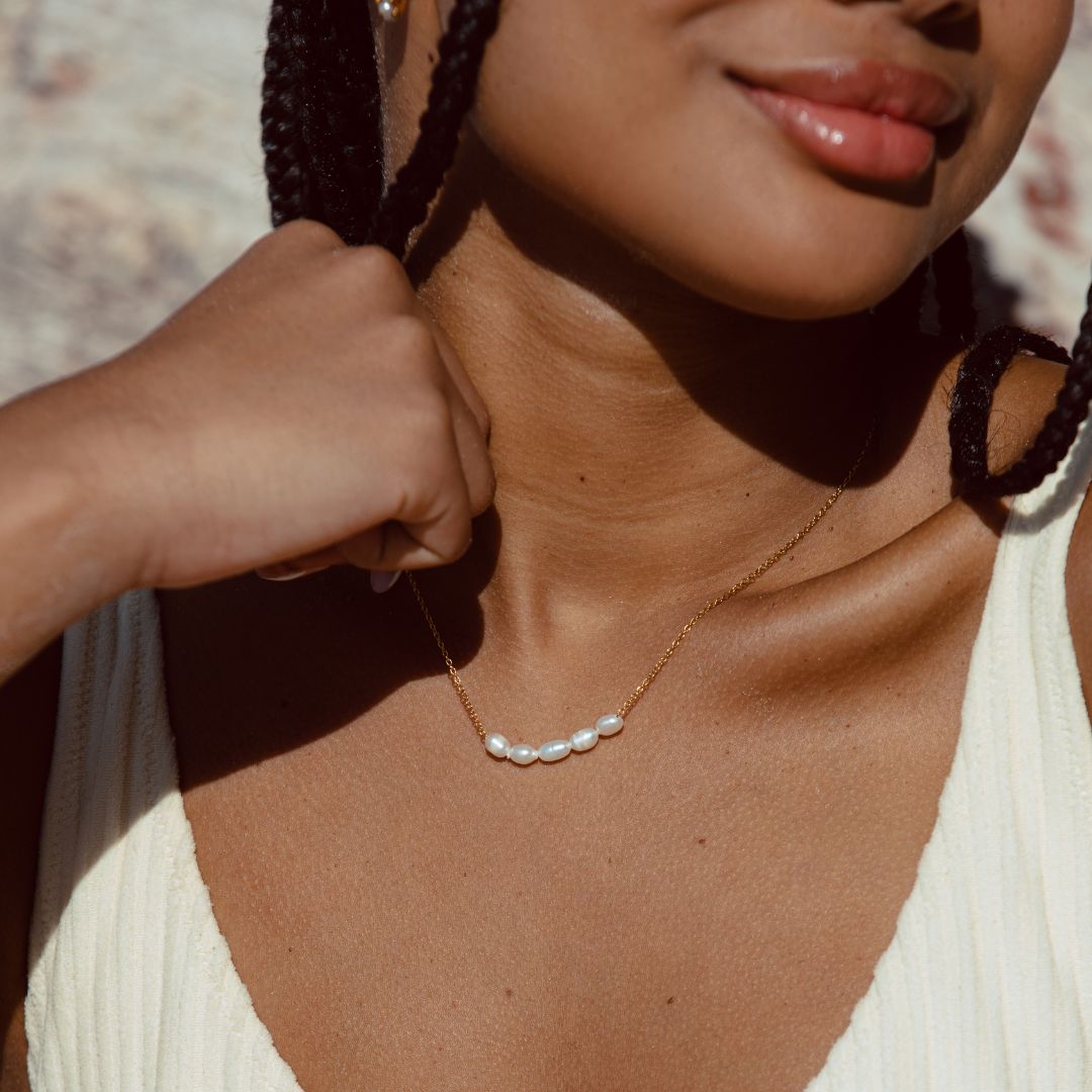 Dainty Freshwater Pearl Beaded Necklace, 18K Gold Stainless Steel, Waterproof - Mari Gavane