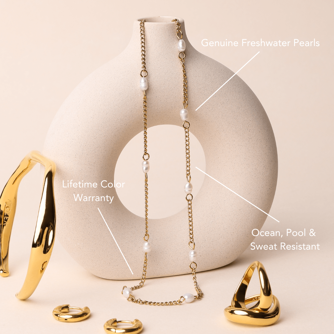 Dainty Gold Pearl Choker Necklace, 18K Gold Stainless Steel, Waterproof - Mari Gavane