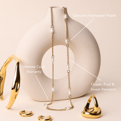 Dainty Gold Pearl Choker Necklace, 18K Gold Stainless Steel, Waterproof - Mari Gavane