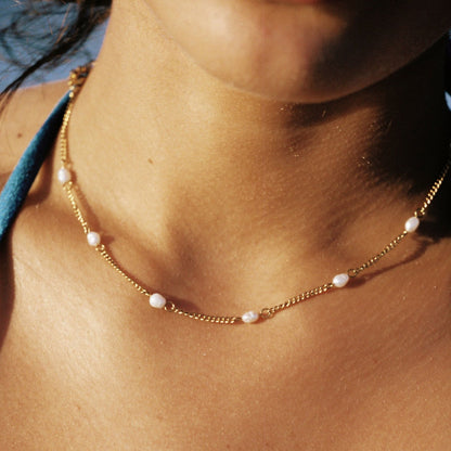 Dainty Gold Pearl Choker Necklace, 18K Gold Stainless Steel, Waterproof - Mari Gavane