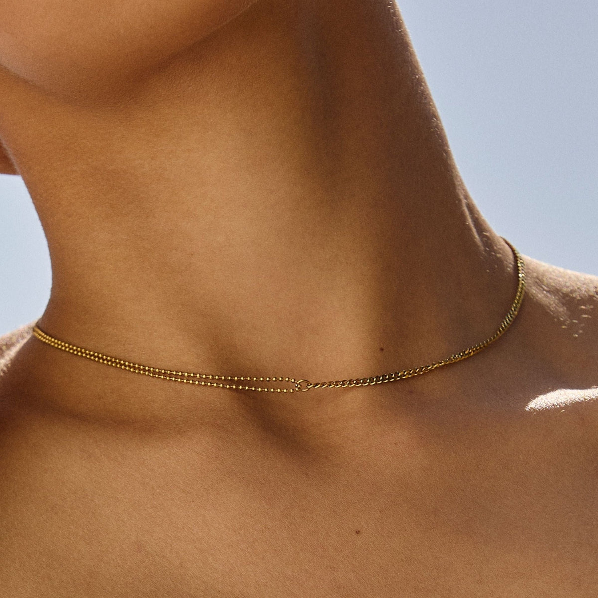 Double Layered Chain Choker Necklace, 18K Gold Stainless Steel, Waterproof - Mari Gavane
