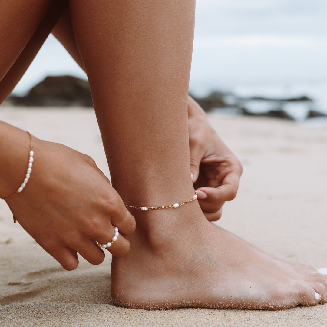 Freshwater Pearl Beaded Anklet, 18K Gold Stainless Steel, Waterproof - Mari Gavane