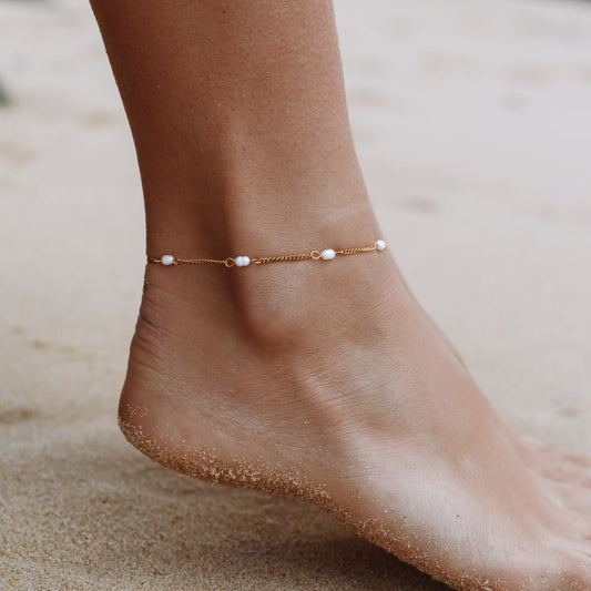 Freshwater Pearl Beaded Anklet, 18K Gold Stainless Steel, Waterproof - Mari Gavane