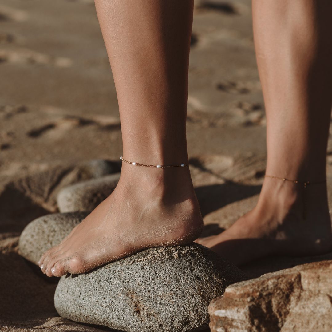 Freshwater Pearl Beaded Anklet, 18K Gold Stainless Steel, Waterproof - Mari Gavane