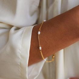 Freshwater Pearl Beaded Chain Bracelet, 18K Gold Stainless Steel, Waterproof