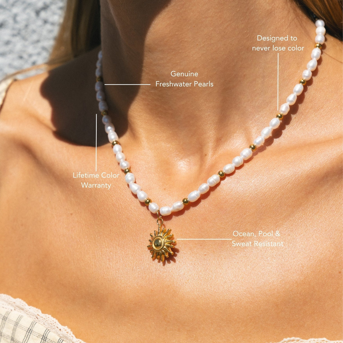 Freshwater Pearl Beaded Necklace, 18K Gold Stainless Steel, Waterproof - Mari Gavane