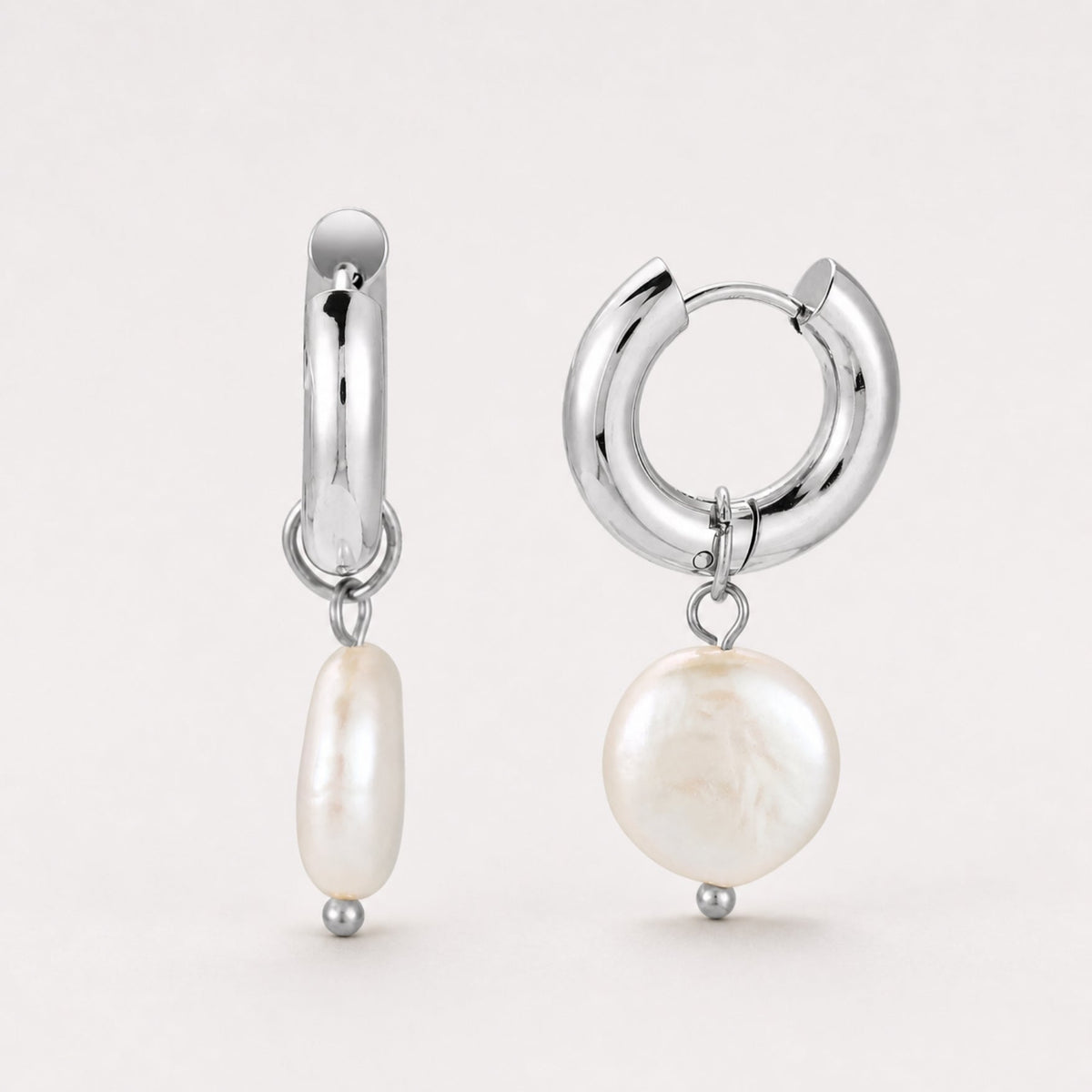 Freshwater Pearl Chunky Hoop Earrings, 18K Gold Stainless Steel, Waterproof - Mari Gavane