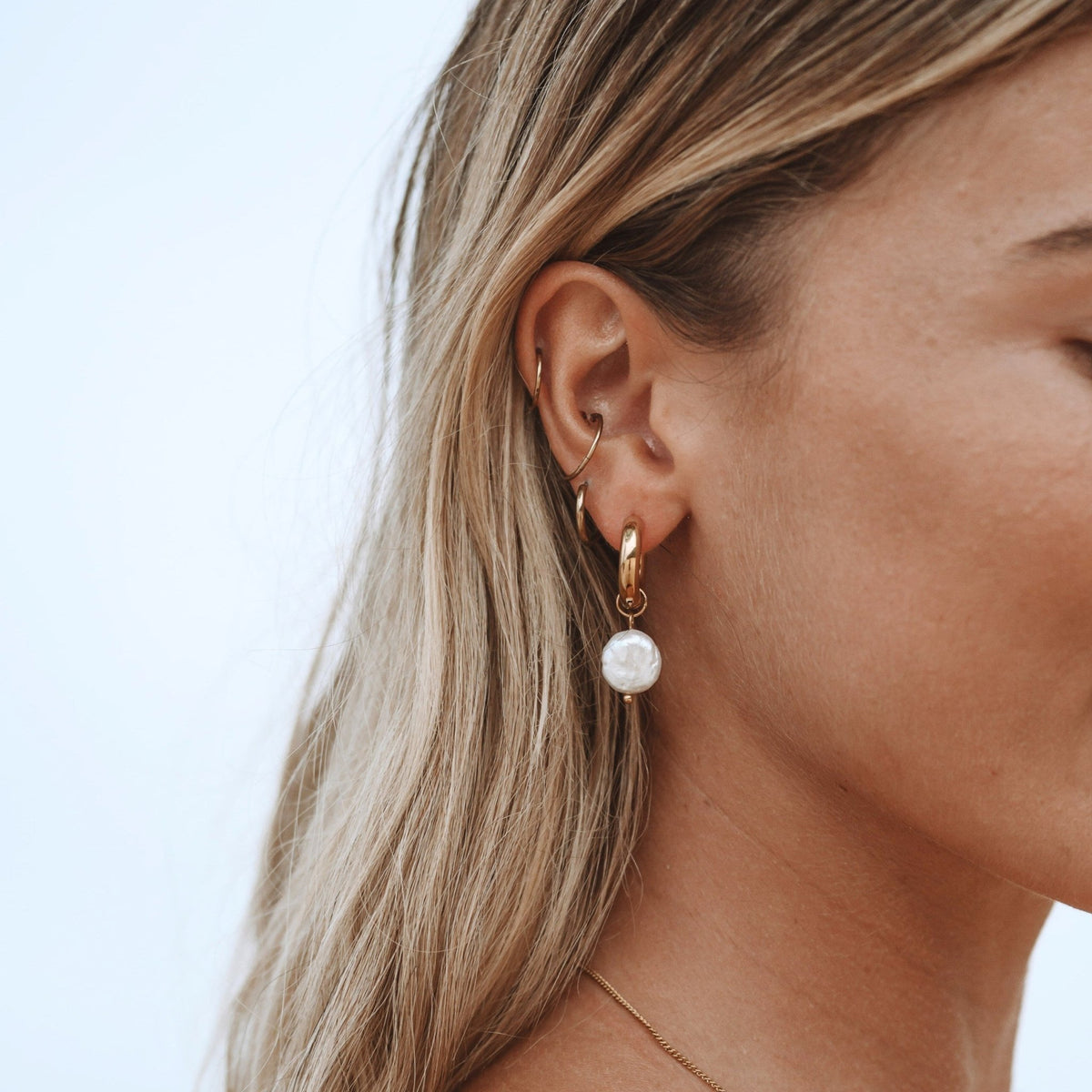 Freshwater Pearl Chunky Hoop Earrings, 18K Gold Stainless Steel, Waterproof - Mari Gavane