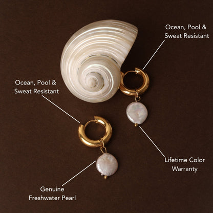 Freshwater Pearl Chunky Hoop Earrings, 18K Gold Stainless Steel, Waterproof - Mari Gavane