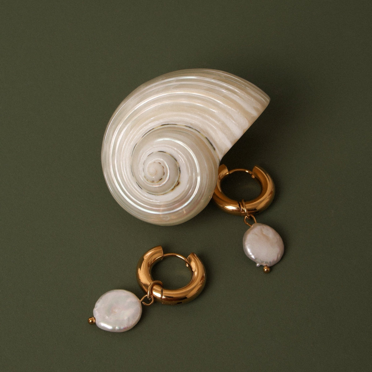 Freshwater Pearl Chunky Hoop Earrings, 18K Gold Stainless Steel, Waterproof - Mari Gavane