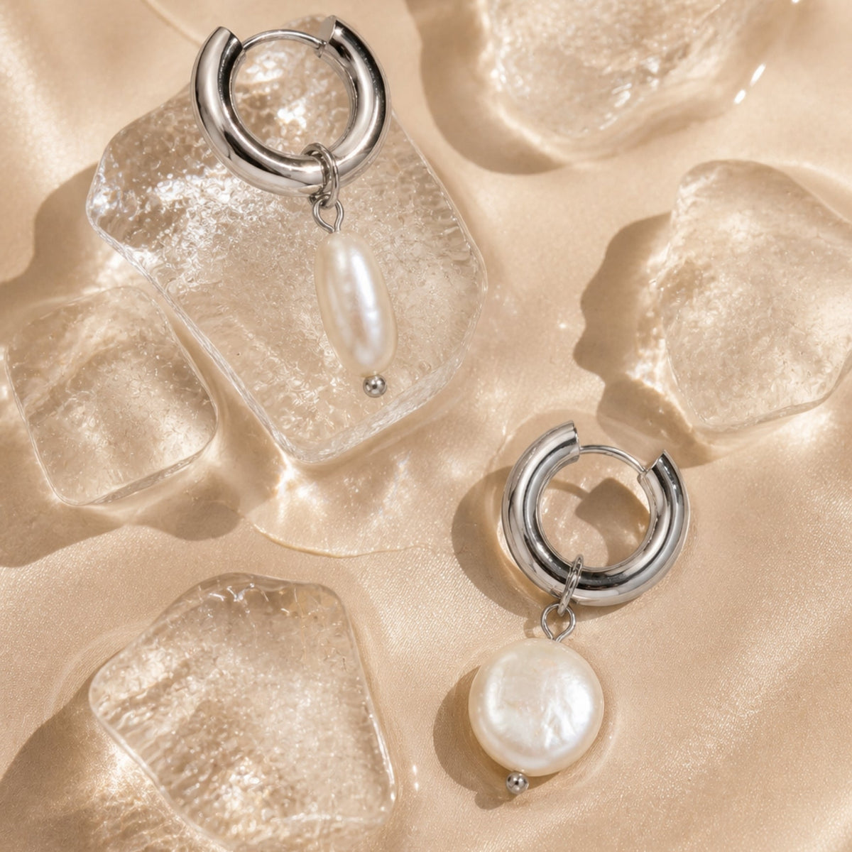Freshwater Pearl Chunky Hoop Earrings, 18K Gold Stainless Steel, Waterproof - Mari Gavane