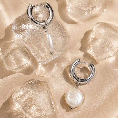 Freshwater Pearl Chunky Hoop Earrings, 18K Gold Stainless Steel, Waterproof - Mari Gavane