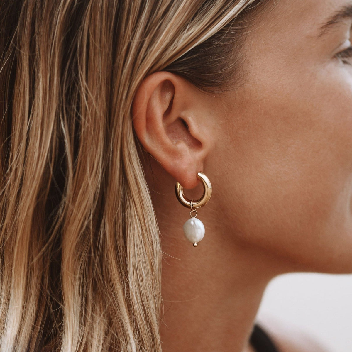Freshwater Pearl Chunky Hoop Earrings, 18K Gold Stainless Steel, Waterproof - Mari Gavane