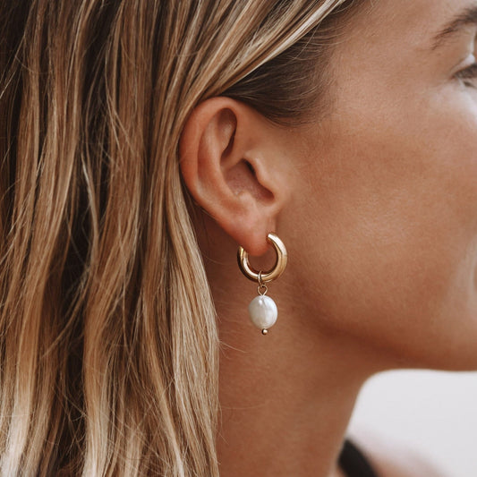 Freshwater Pearl Chunky Hoop Earrings, 18K Gold Stainless Steel, Waterproof - Mari Gavane