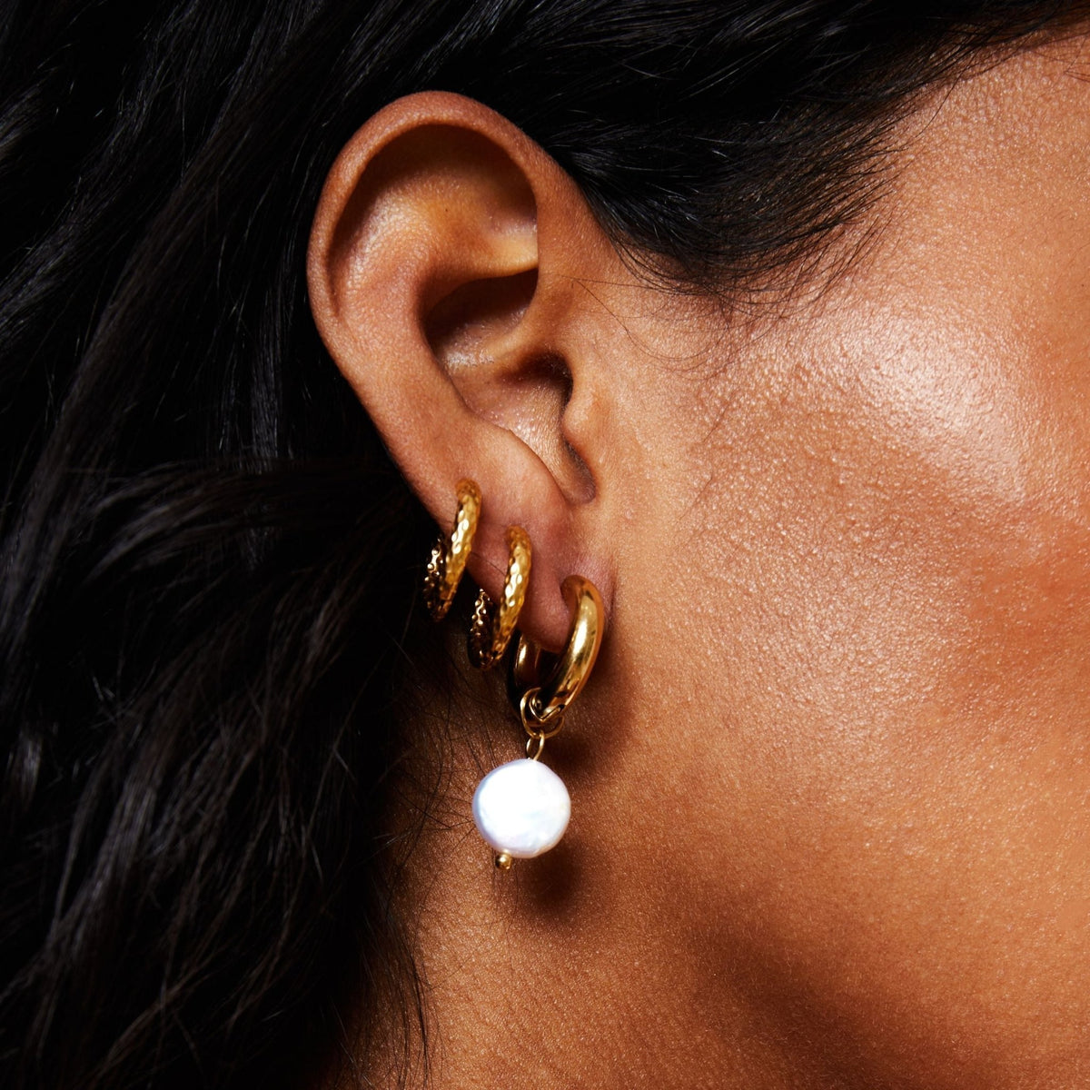 Freshwater Pearl Chunky Hoop Earrings, 18K Gold Stainless Steel, Waterproof - Mari Gavane
