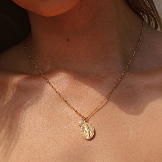 Freshwater Pearl Cross Charm Necklace, 18K Gold Stainless Steel, Waterproof - Mari Gavane
