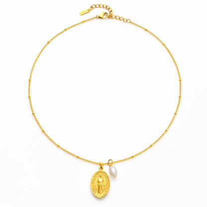 Freshwater Pearl Cross Charm Necklace, 18K Gold Stainless Steel, Waterproof - Mari Gavane