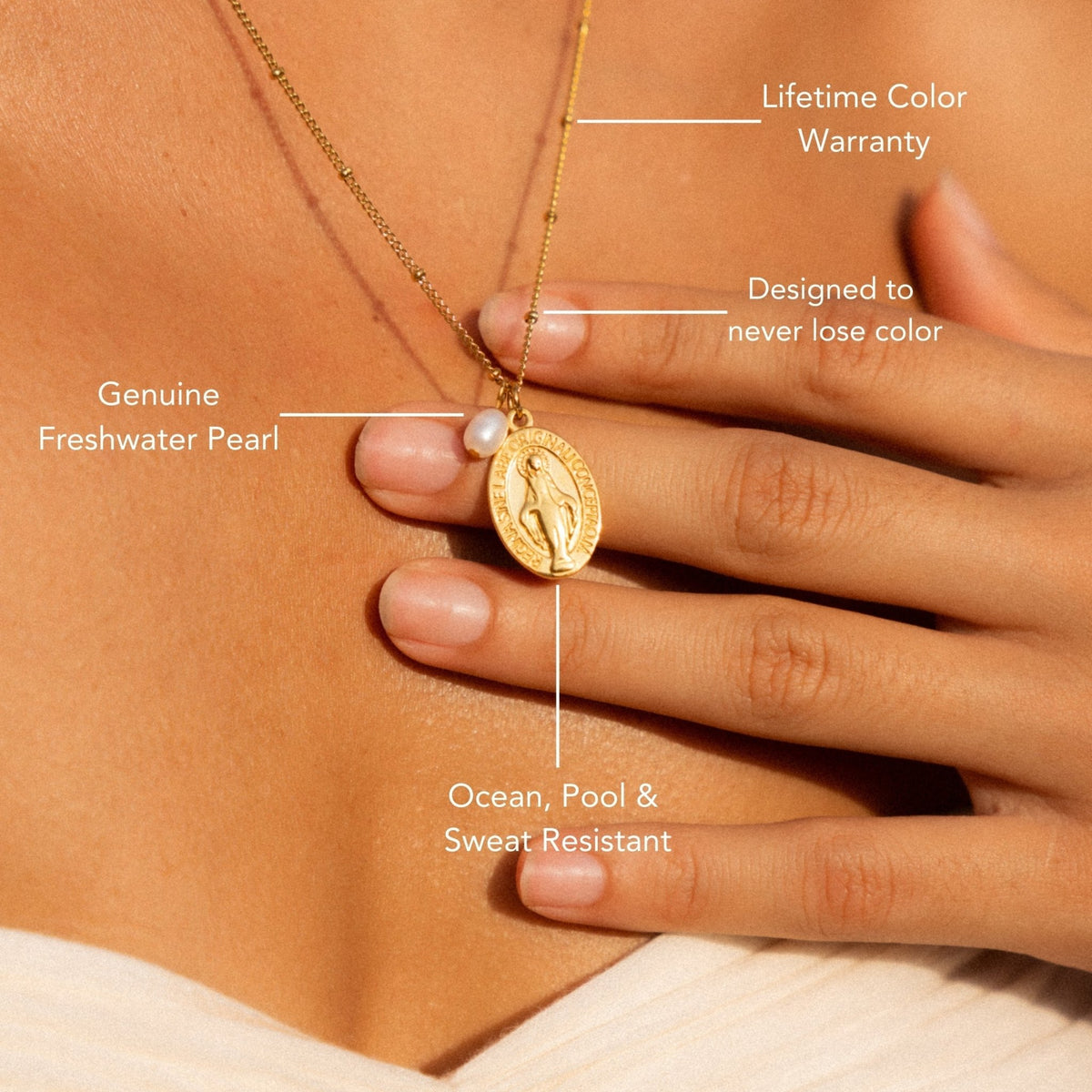 Freshwater Pearl Cross Charm Necklace, 18K Gold Stainless Steel, Waterproof - Mari Gavane
