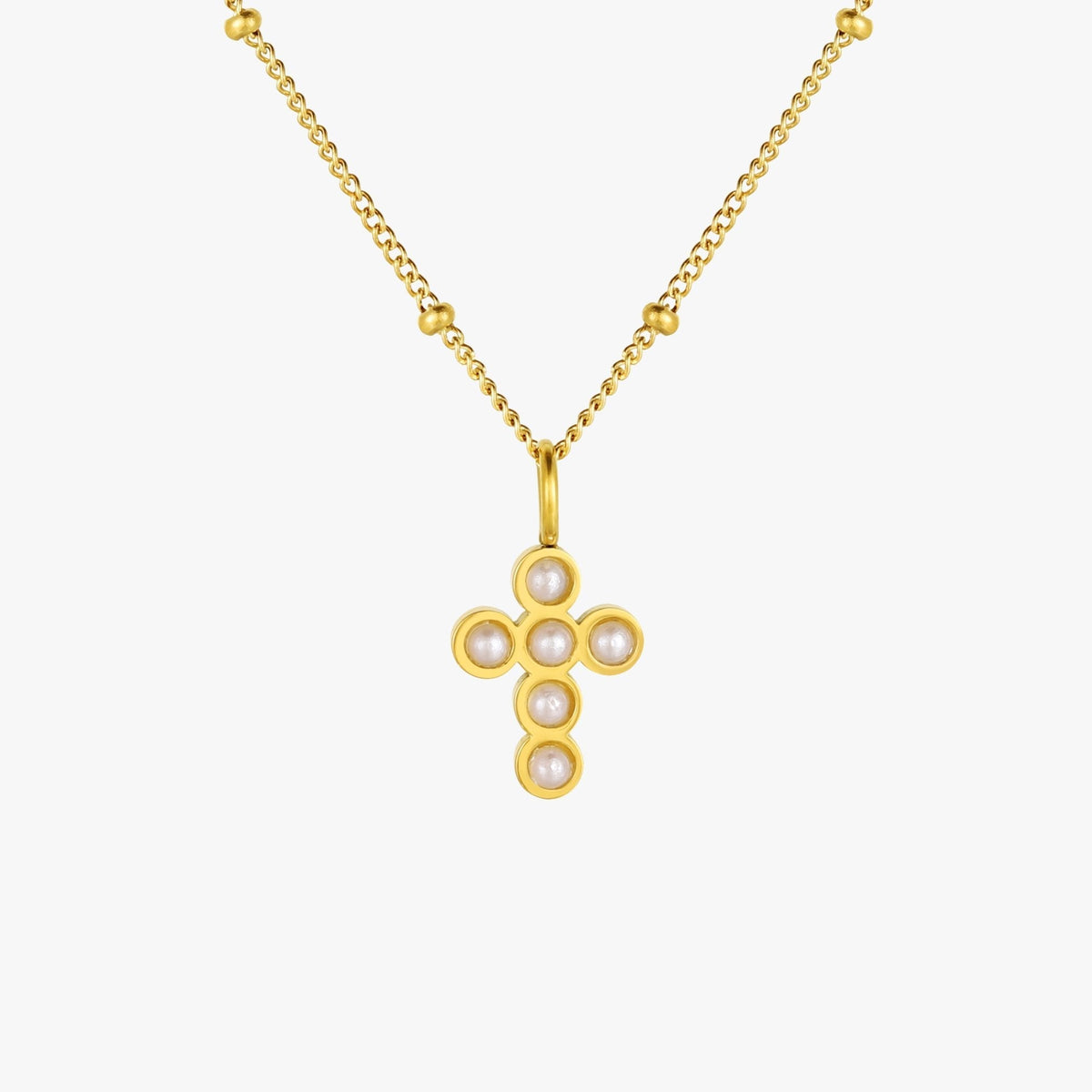 Colar com pingente de cruz de pérolas de água doce, 18K ouro, aço inoxidável à prova d'água, estilo elegante e sofisticado.