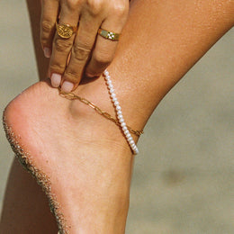 Freshwater Pearl Double Chain Anklet, 18K Gold Stainless Steel, Waterproof