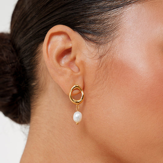 Freshwater Pearl Drop Hoop Earrings, 18K Gold Stainless Steel, Waterproof - Mari Gavane