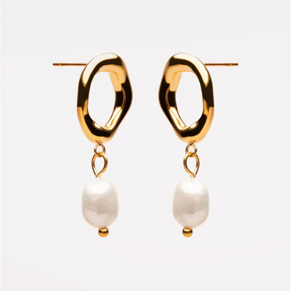 Freshwater Pearl Drop Hoop Earrings, 18K Gold Stainless Steel, Waterproof - Mari Gavane
