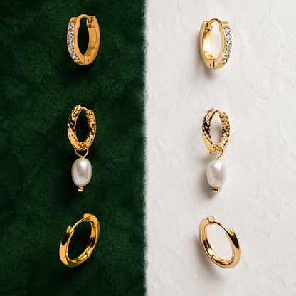 Freshwater Pearl Hammered Hoop Earrings, 18K Gold Stainless Steel, Waterproof - Mari Gavane