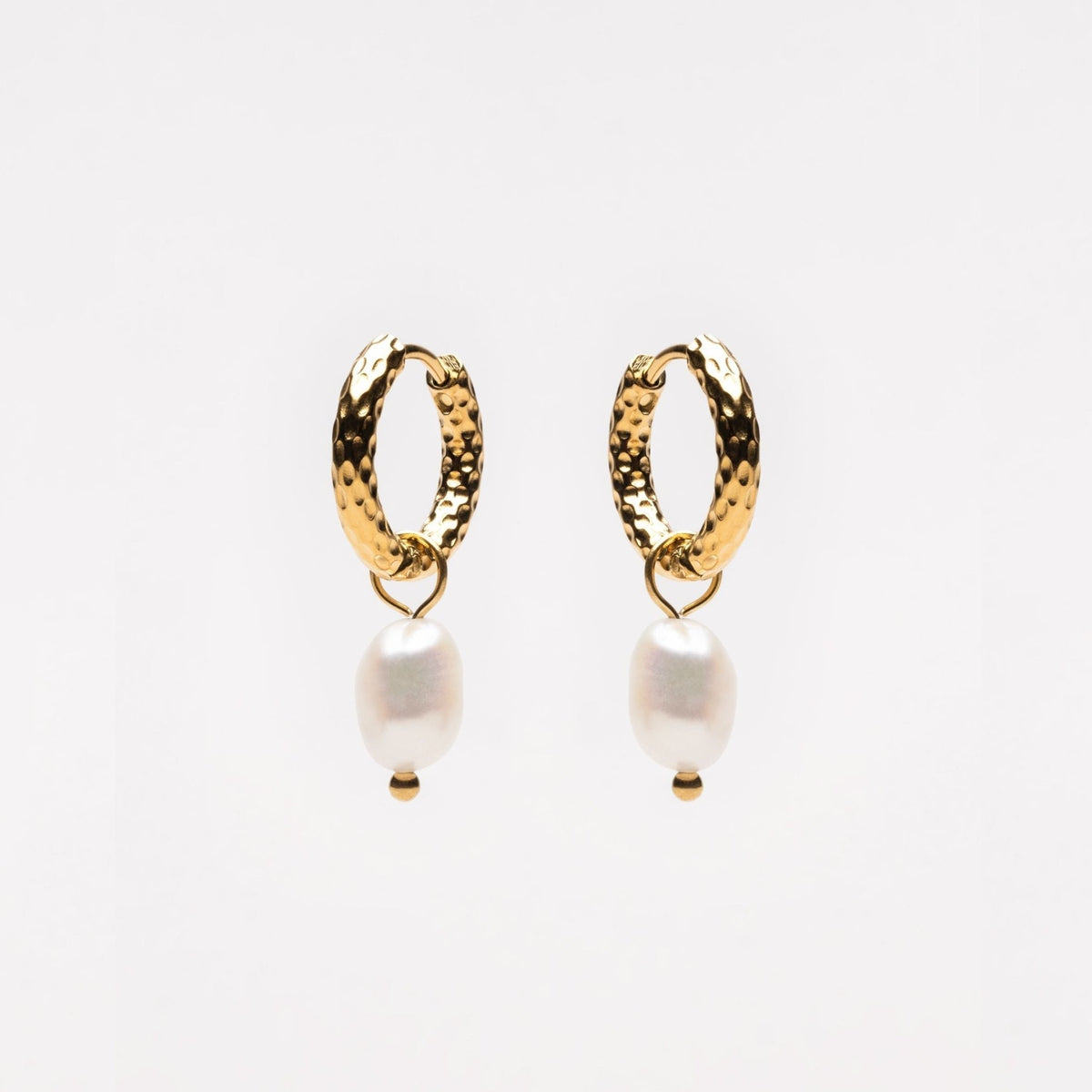 Freshwater Pearl Hammered Hoop Earrings, 18K Gold Stainless Steel, Waterproof - Mari Gavane