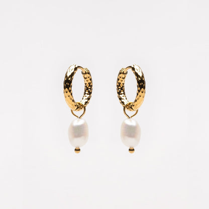 Freshwater Pearl Hammered Hoop Earrings, 18K Gold Stainless Steel, Waterproof - Mari Gavane