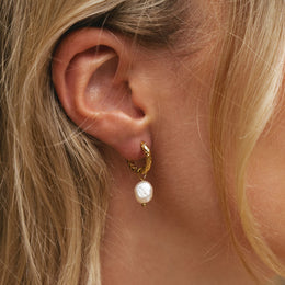 Freshwater Pearl Hammered Hoop Earrings, 18K Gold Stainless Steel, Waterproof