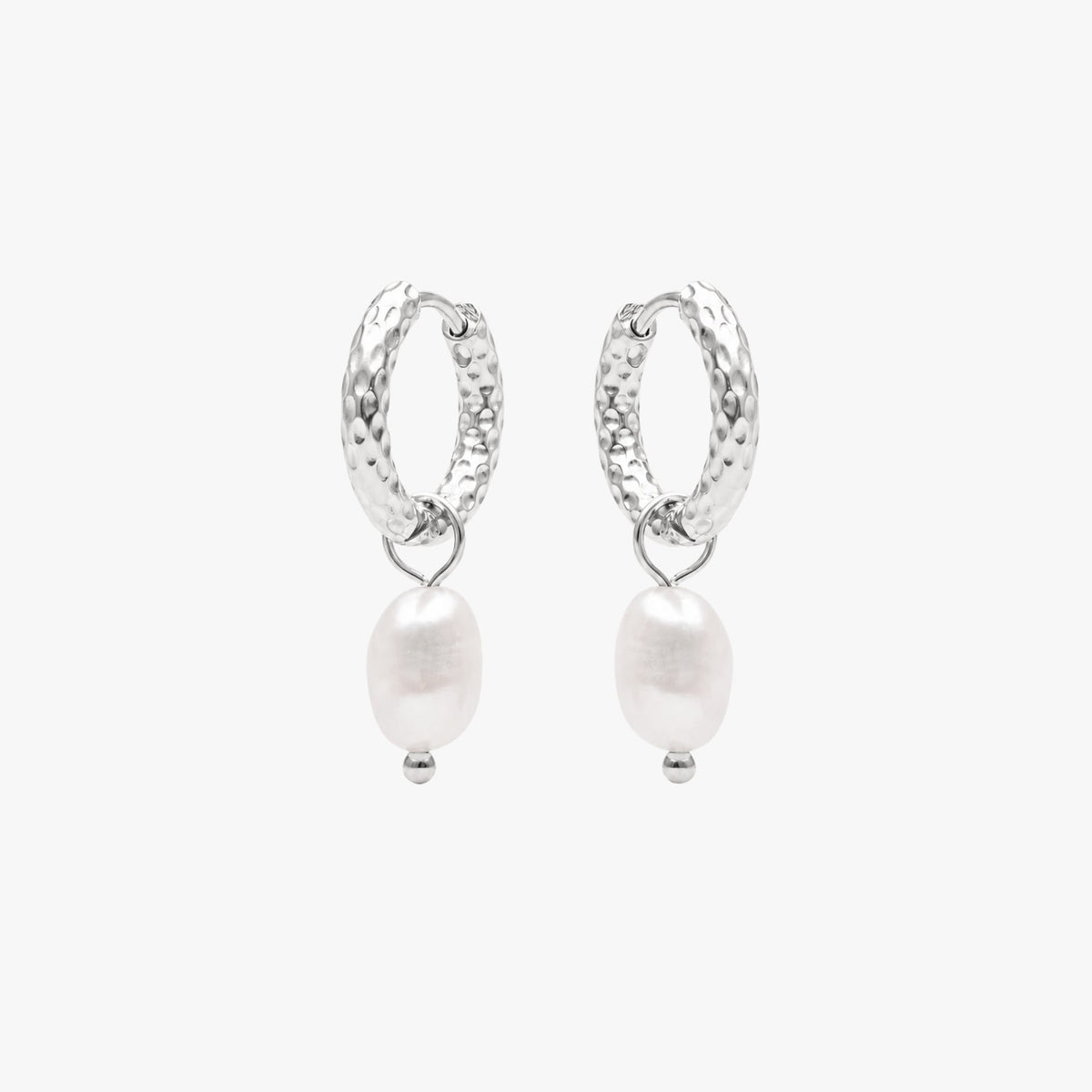 Freshwater Pearl Hammered Hoop Earrings, 18K Gold Stainless Steel, Waterproof - Mari Gavane
