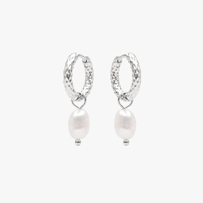 Freshwater Pearl Hammered Hoop Earrings, 18K Gold Stainless Steel, Waterproof - Mari Gavane