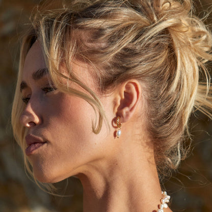 Freshwater Pearl Hammered Hoop Earrings, 18K Gold Stainless Steel, Waterproof - Mari Gavane