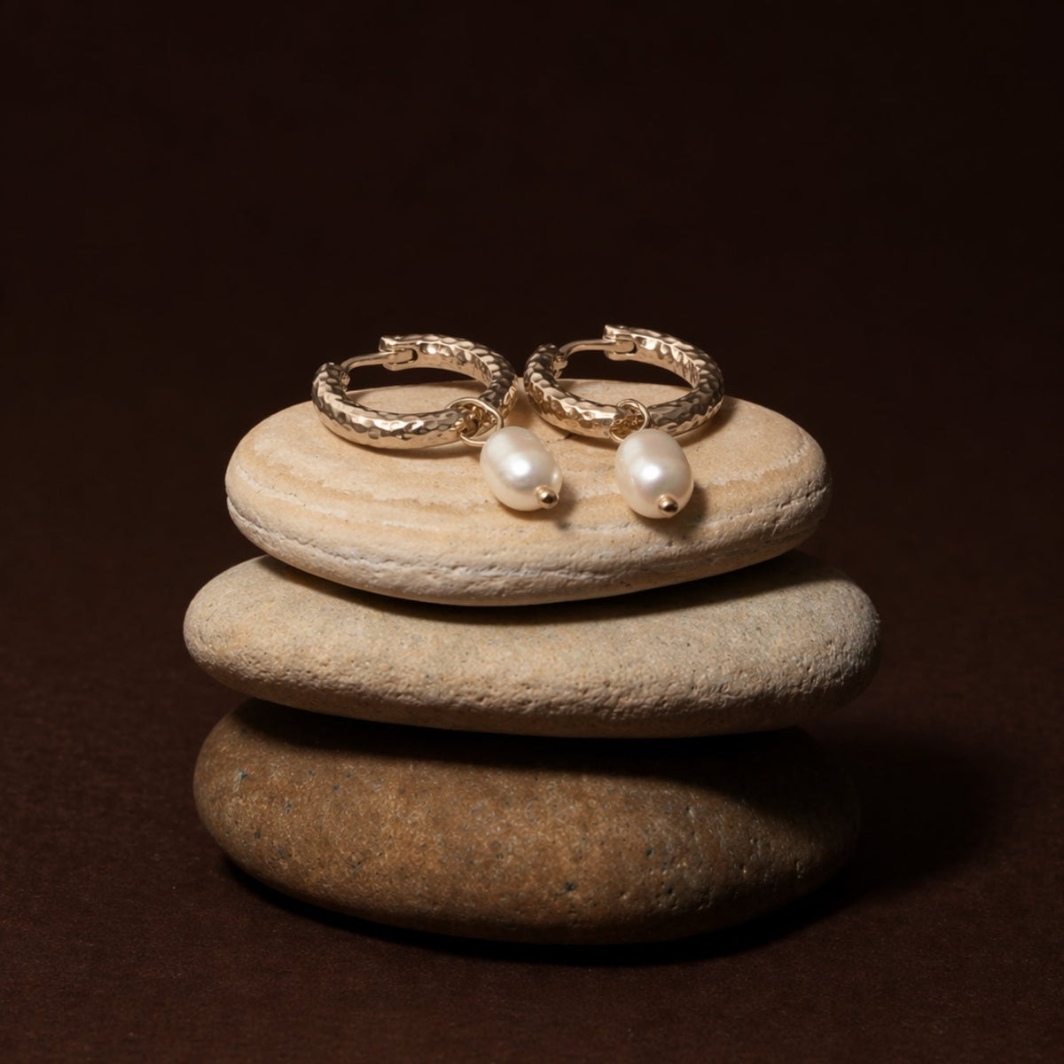 Freshwater Pearl Hammered Hoop Earrings, 18K Gold Stainless Steel, Waterproof - Mari Gavane