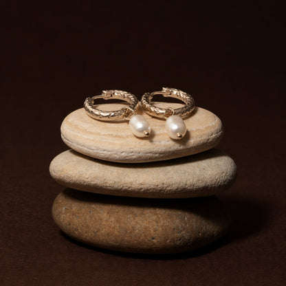 Freshwater Pearl Hammered Hoop Earrings, 18K Gold Stainless Steel, Waterproof - Mari Gavane