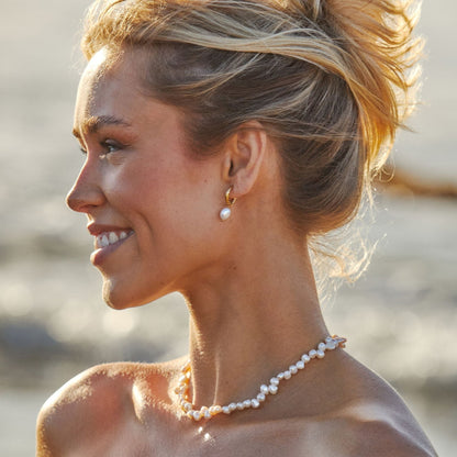 Freshwater Pearl Hammered Hoop Earrings, 18K Gold Stainless Steel, Waterproof - Mari Gavane