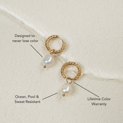 Freshwater Pearl Hammered Hoop Earrings, 18K Gold Stainless Steel, Waterproof - Mari Gavane