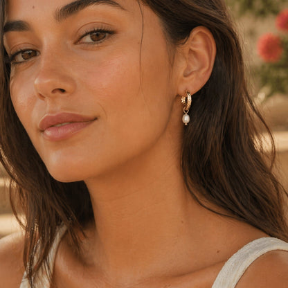 Freshwater Pearl Hammered Hoop Earrings, 18K Gold Stainless Steel, Waterproof - Mari Gavane